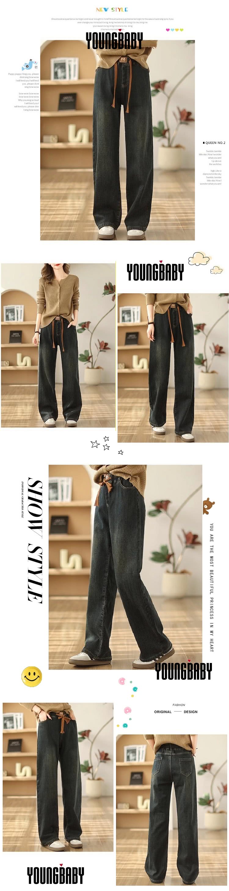 YOUNGBABY 鬆緊綁帶M標復古藍直筒牛仔褲 中大尺碼女