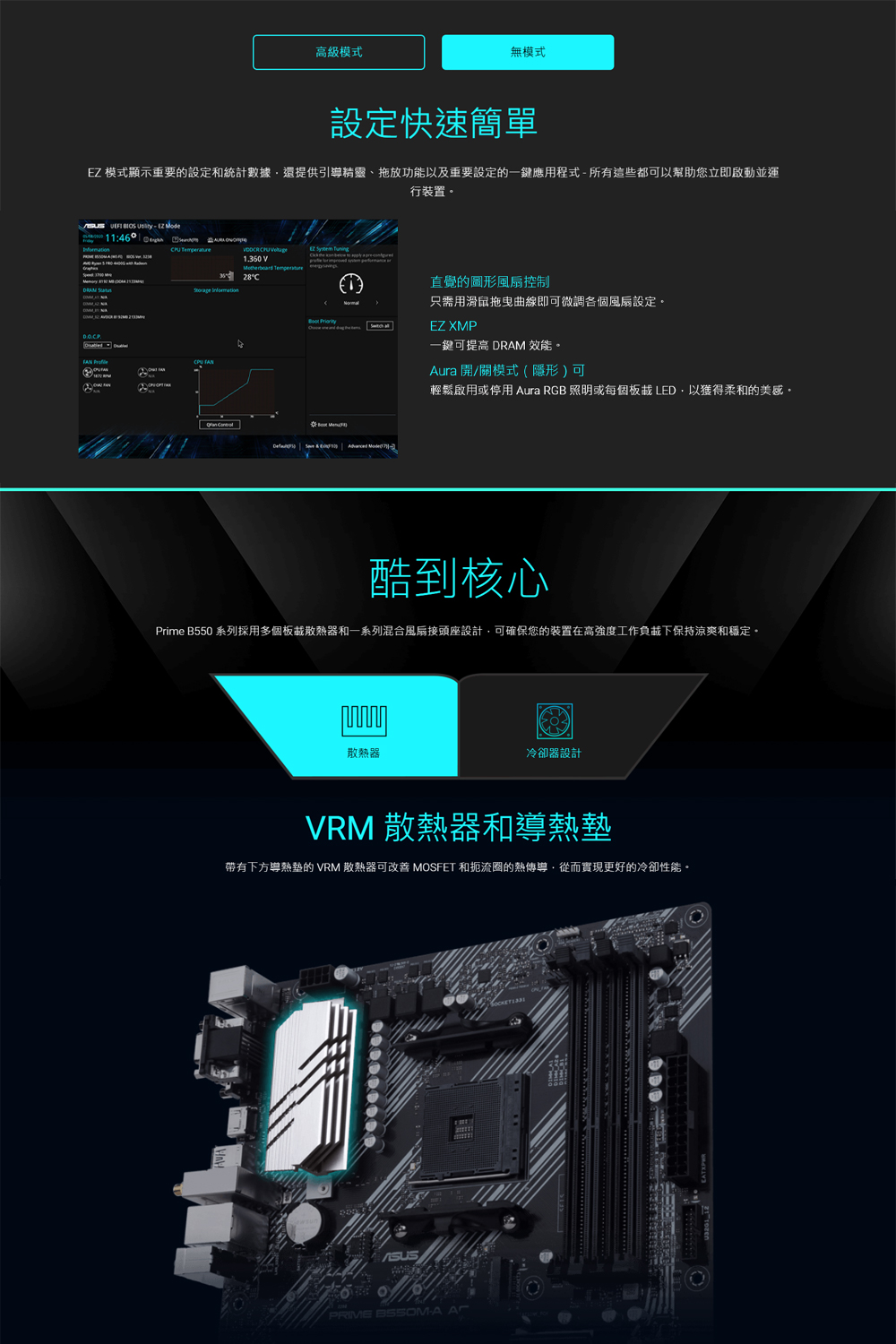Prime B550 系列採用多個板散熱器和一系列混合風扇接頭座設計,可確保您的裝置在高強度工作負載下保持涼爽和穩定。