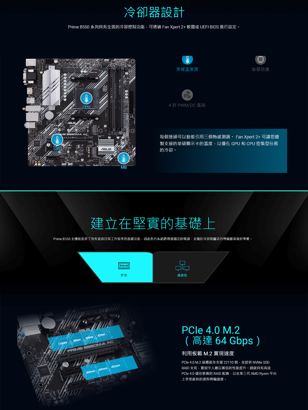 Prime B550 主機板提供了所有提高日常工作效率的基礎功能,因此您的系統將透過穩定的電源、直覺的冷卻和靈活的傳輸選項做好準備。