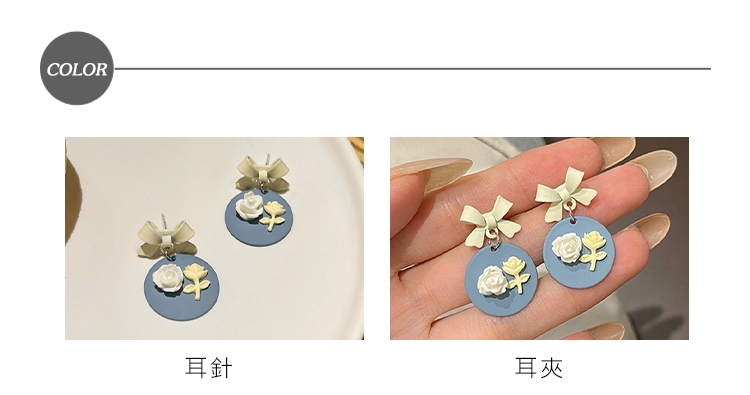 INES 韓國設計浪漫玫瑰花朵蝴蝶結造型夾式耳環(無耳洞耳環