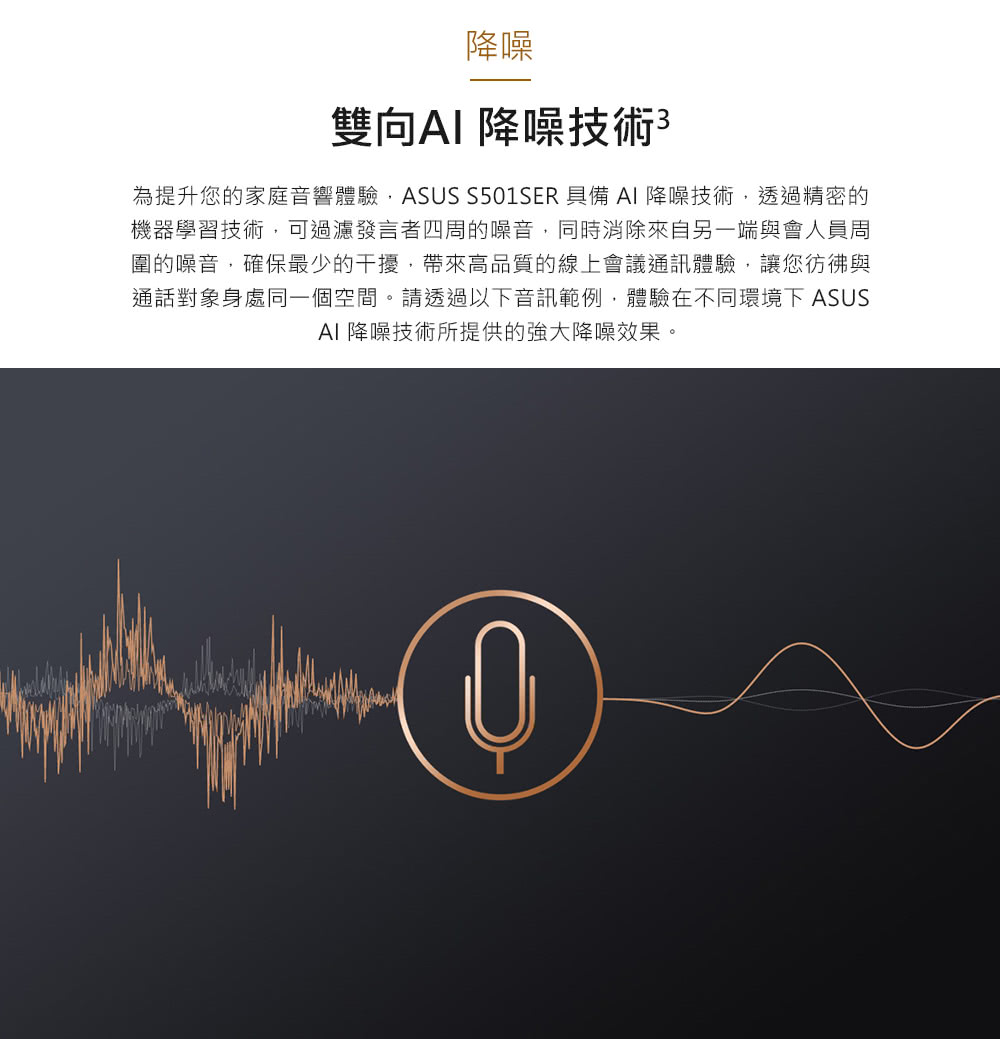 為提升您的家庭音響體驗,ASUS S501SER具備AI 降噪技術,透過精密的