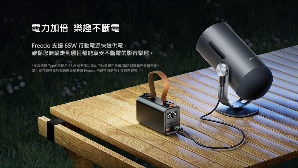 電力加倍 樂趣不斷電 Freedo 支援 65W 行動電源快速供電, 確保您無論走到哪裡都能享受不斷電的影音樂趣。 支援透過 TypeC 使用65W 或更高功率的行動電源和手機筆記型電腦充電器充電。 當行動電源電量耗盡時將自動轉為 Freedo 內建電池供電如仍有餘電。