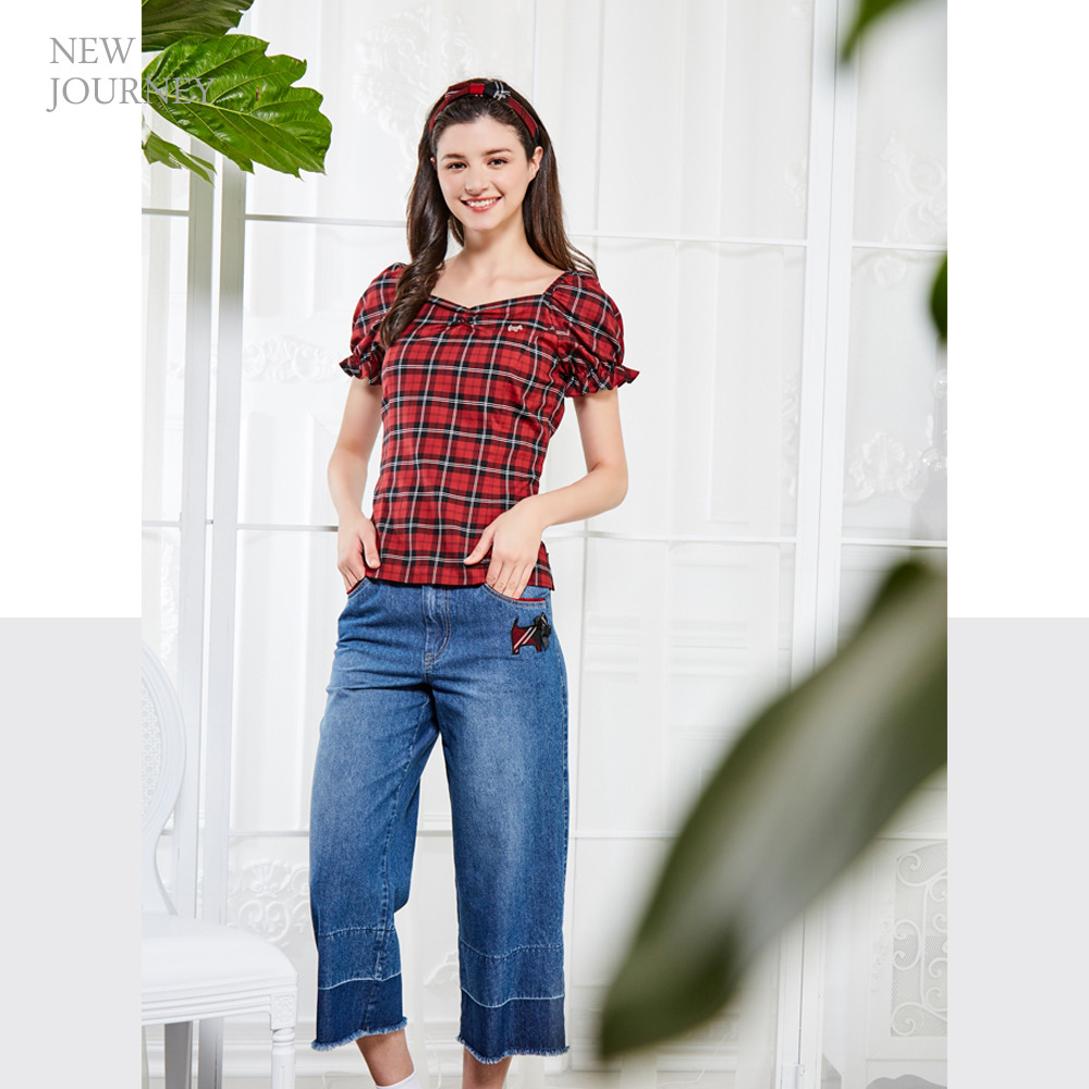 SCOTTISH HOUSE 紅黑格 浪漫抽縐 女人味 方領