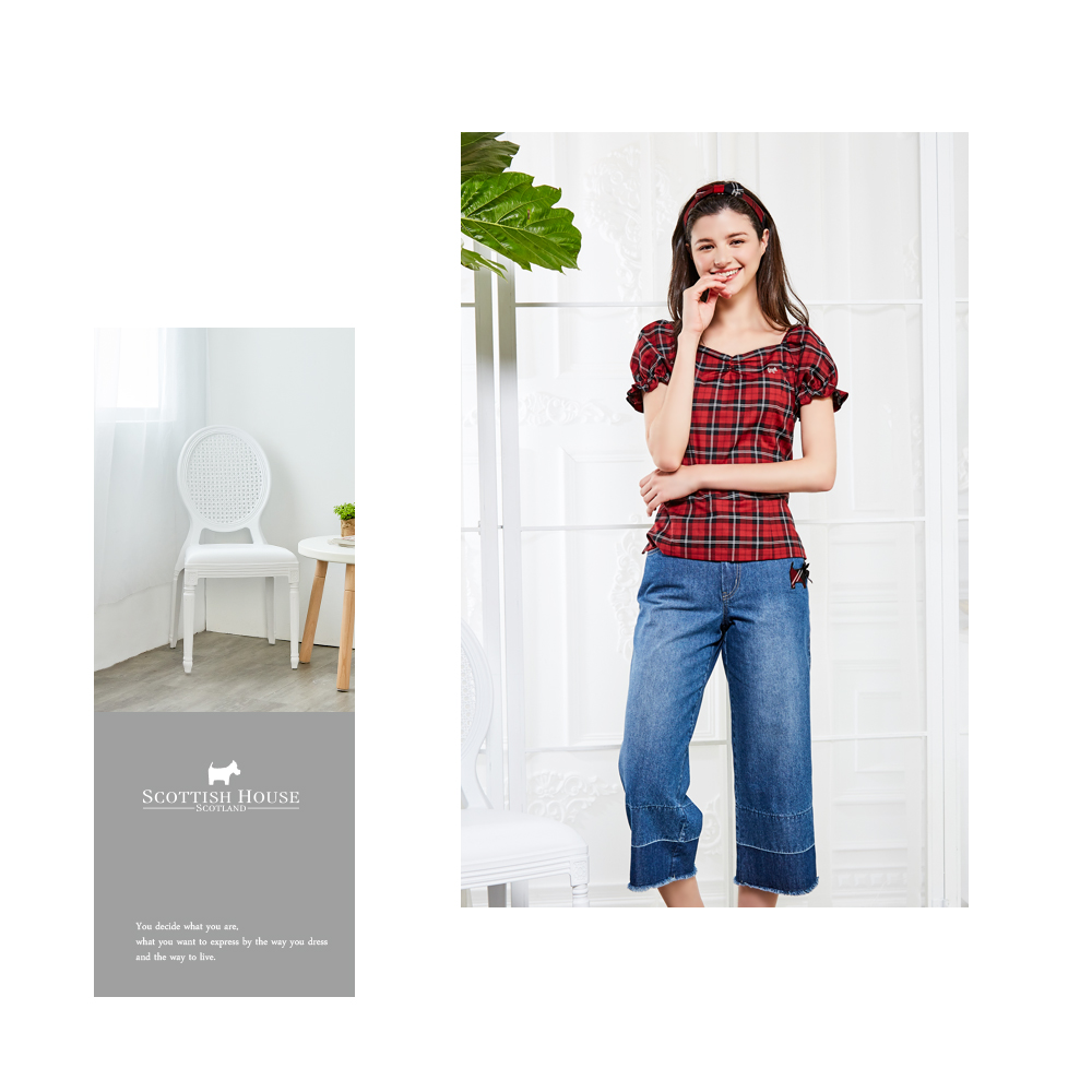 SCOTTISH HOUSE 紅黑格 浪漫抽縐 女人味 方領