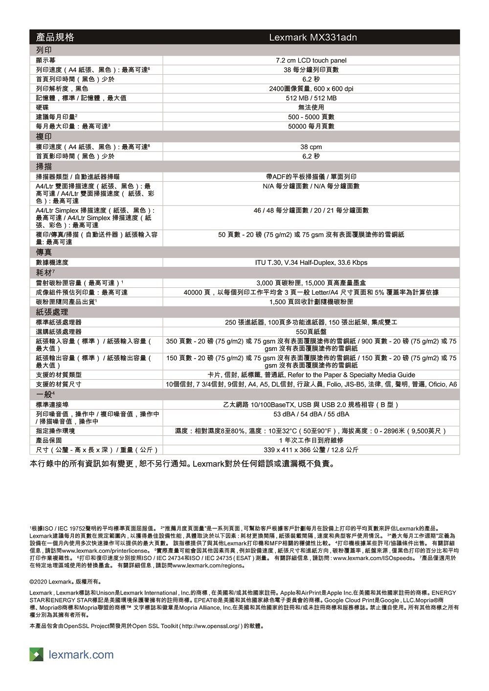 Lexmark, Lexmark標誌和Unison 是Lexmark International, Inc.的商標,在美國和或其他國家註冊。Apple和AirPrint是Apple Inc.在美國和其他國家註冊的商標。ENERGY