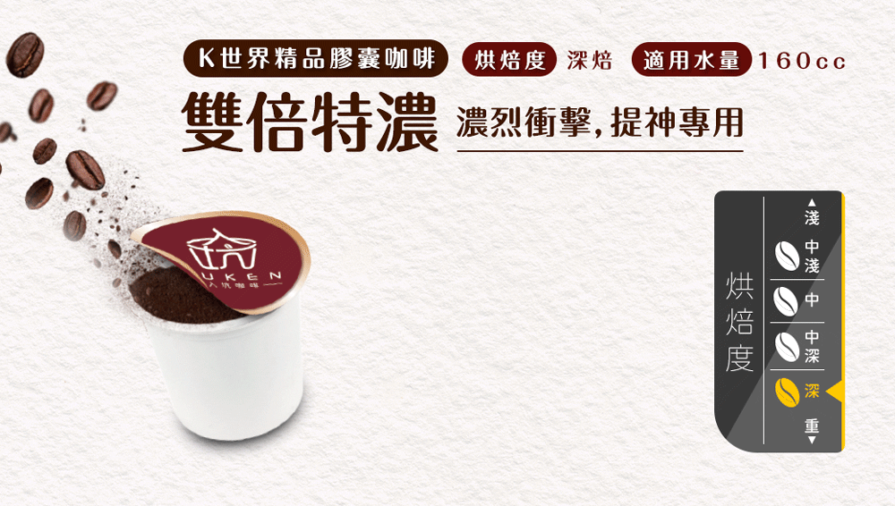 K世界精品膠囊咖啡 烘焙度深焙適用水量160cc 雙倍特濃 濃烈衝擊,提神專用 淺 中淺中 中深深 重 烘焙 度 