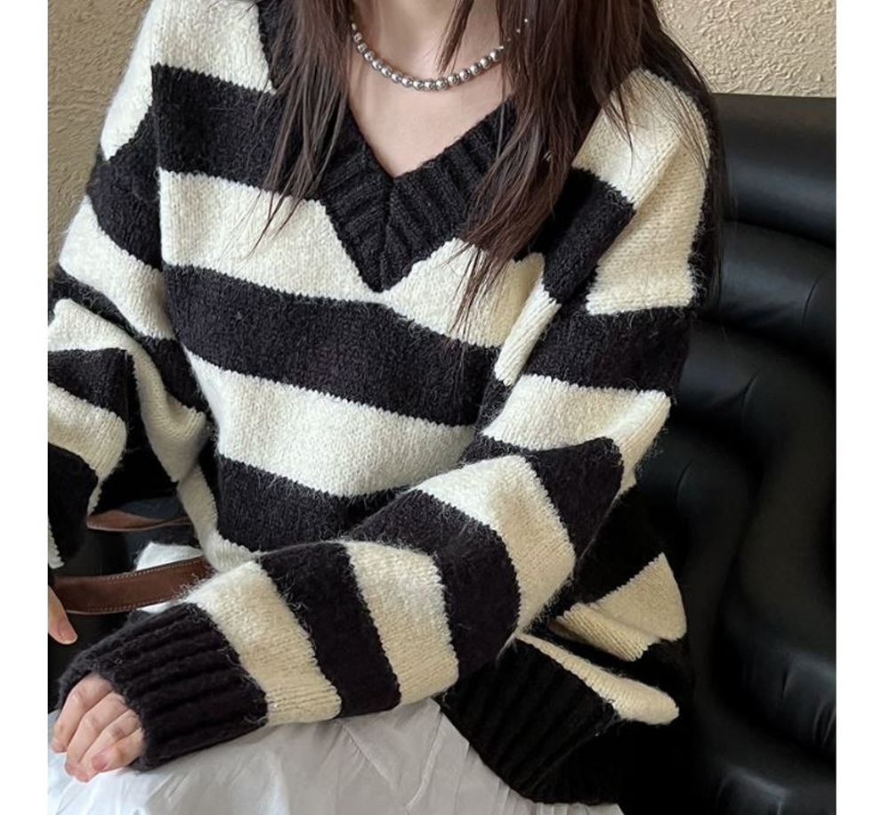 UniStyle 條紋長袖毛衣 韓版V領撞色慵懶風上衣 女 