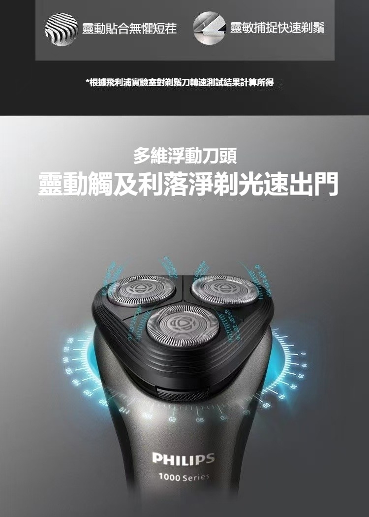 靈動貼合無懼短茬 靈敏捕捉快速剃鬚 根據飛利浦實驗室對剃鬚刀轉速測試結果計算所得 多維浮動刀頭 靈動觸及利落淨剃光速出門 