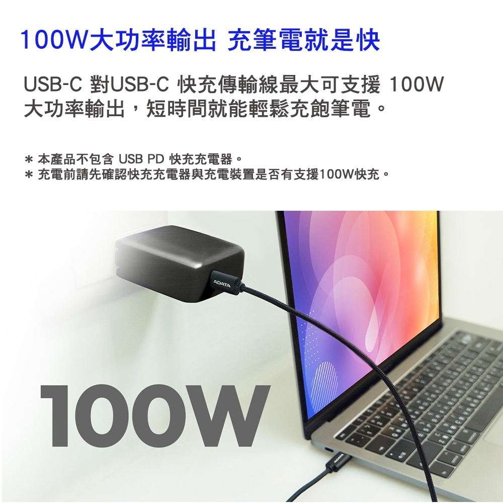 ADATA 威剛 TYPE C 100W PD 快充傳輸線- ADATA 威剛 TYPE C 100W PD 快充傳輸線-