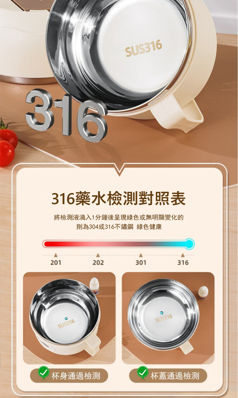 316藥水檢測對照表 將檢測液滴入1分鐘後呈現綠色或無明顯變化的 則為304或316不鏽鋼 綠色健康 杯身通過檢測 杯蓋通過檢測 