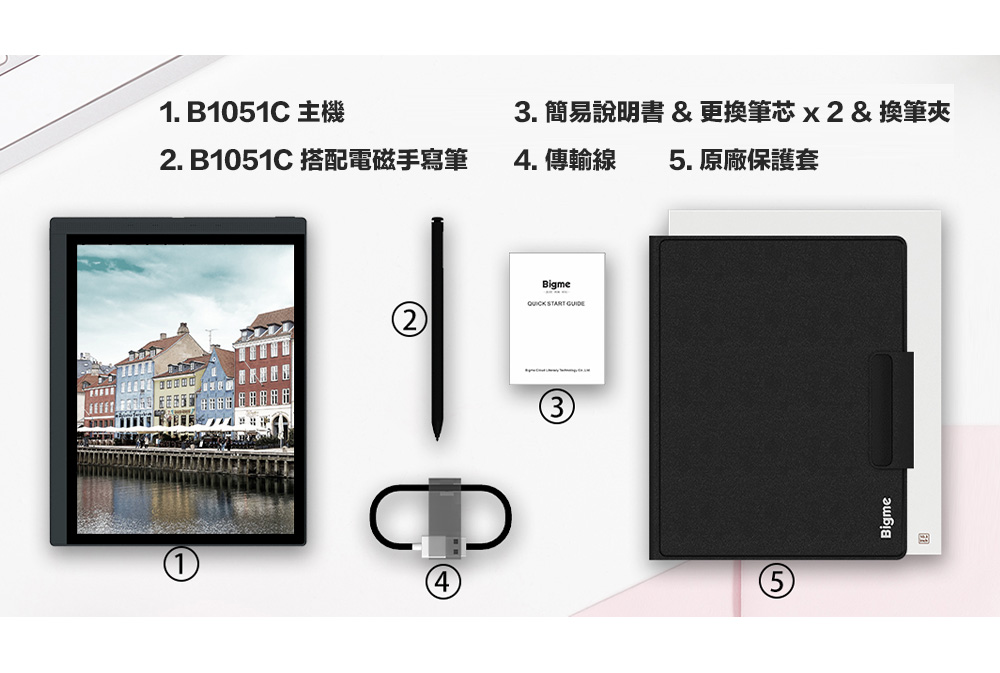 3. 簡易說明書 更換筆芯x2 換筆夾 2. B1051CROMBI 4. 傳輸線 5. 原廠保護套 