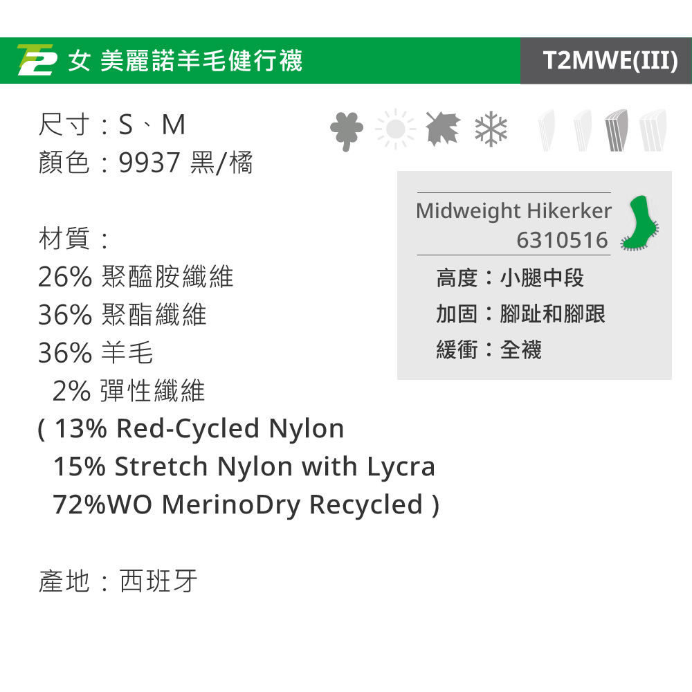 Lorpen T2 女美麗諾羊毛健行襪 T2MWE(羊毛襪 