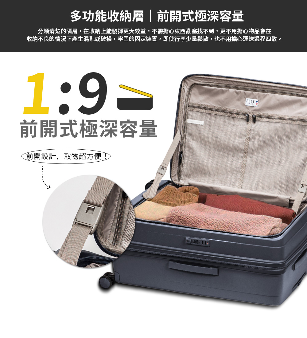 多功能收納層前開式極深容量 分類清楚的隔層,在收納上能發揮更大效益,不需擔心東西亂塞找不到,更不用擔心物品會在 收納不良的情況下產生混亂或破損,牢固的固定裝置,即使行李少量鬆散,也不用擔心運送過程四散。 前開式極深容量 前開設計,取物超方便 