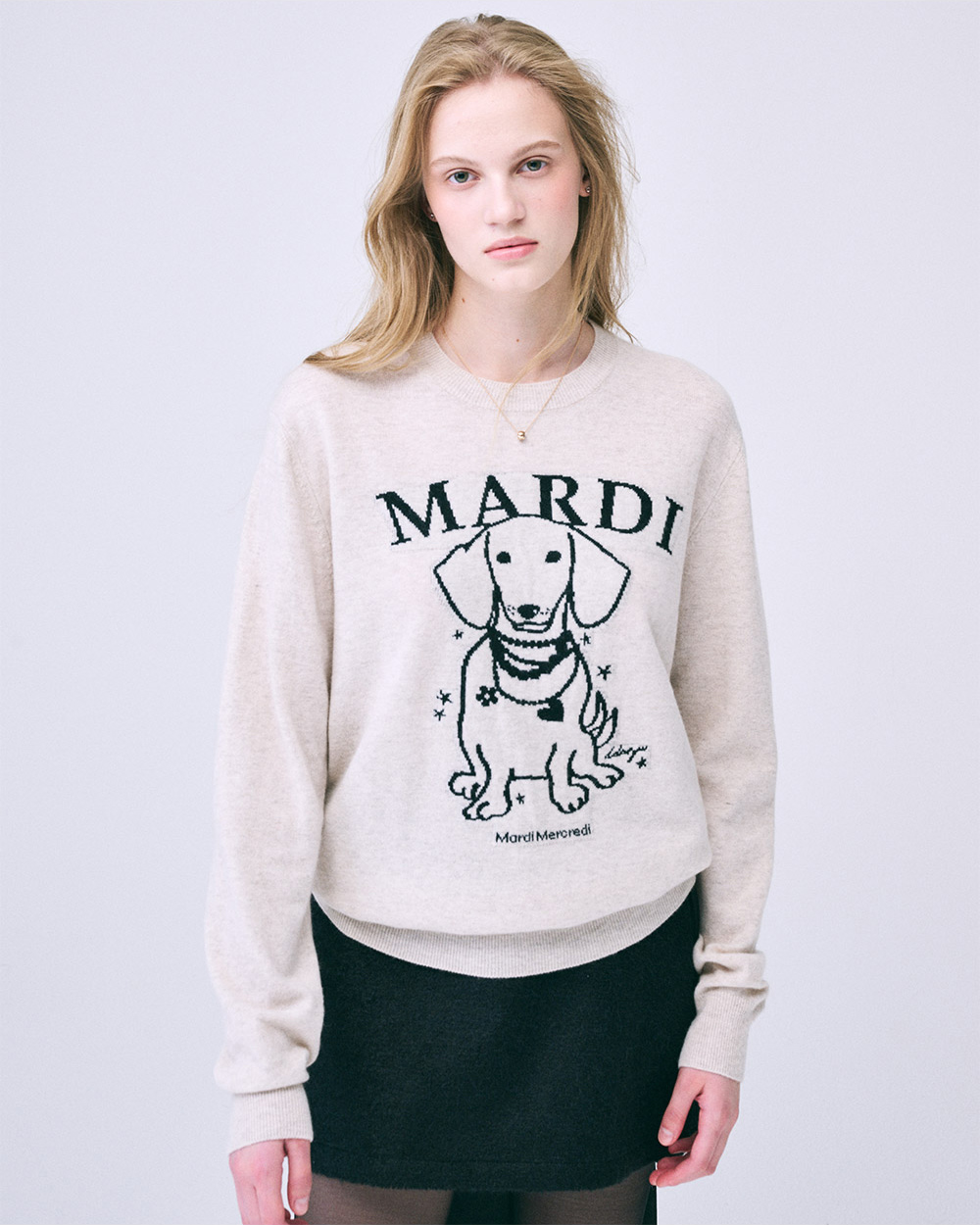 MARDI MERCREDI 羊毛毛衣 淺米色 經典臘腸狗 