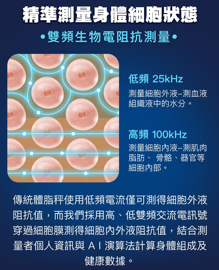傳統體脂秤使用低頻電流僅可測得細胞外液