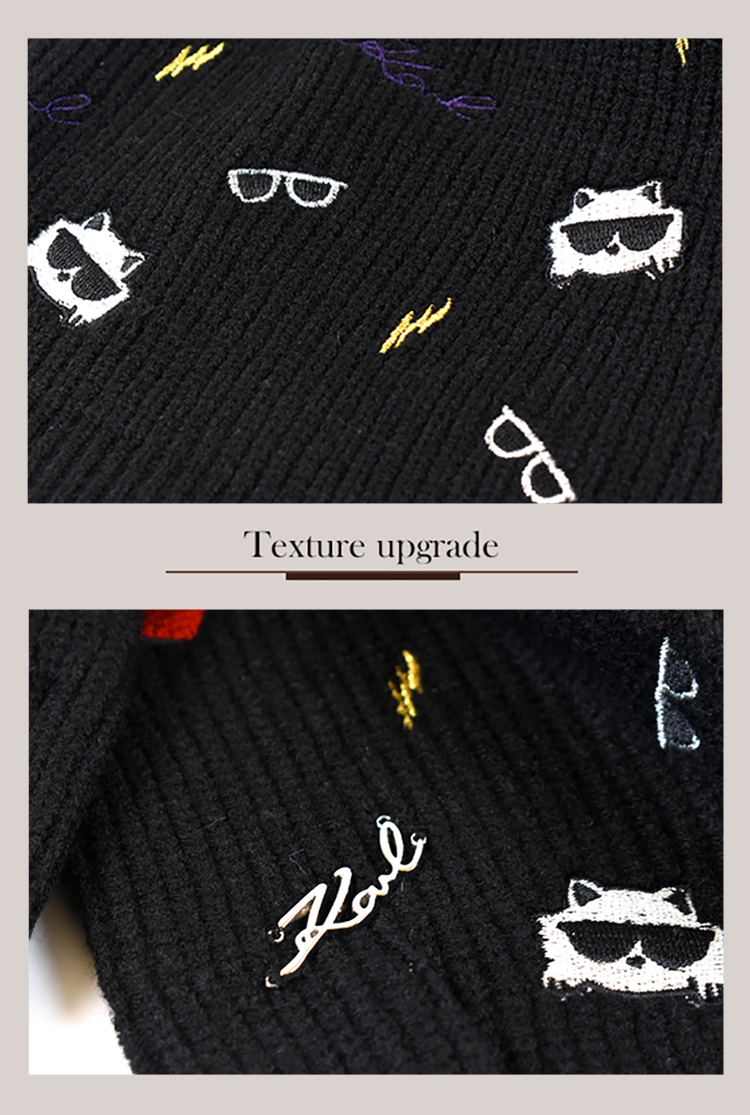 KARL LAGERFELD 卡爾 羅紋刺繡針織圍巾-黑色好