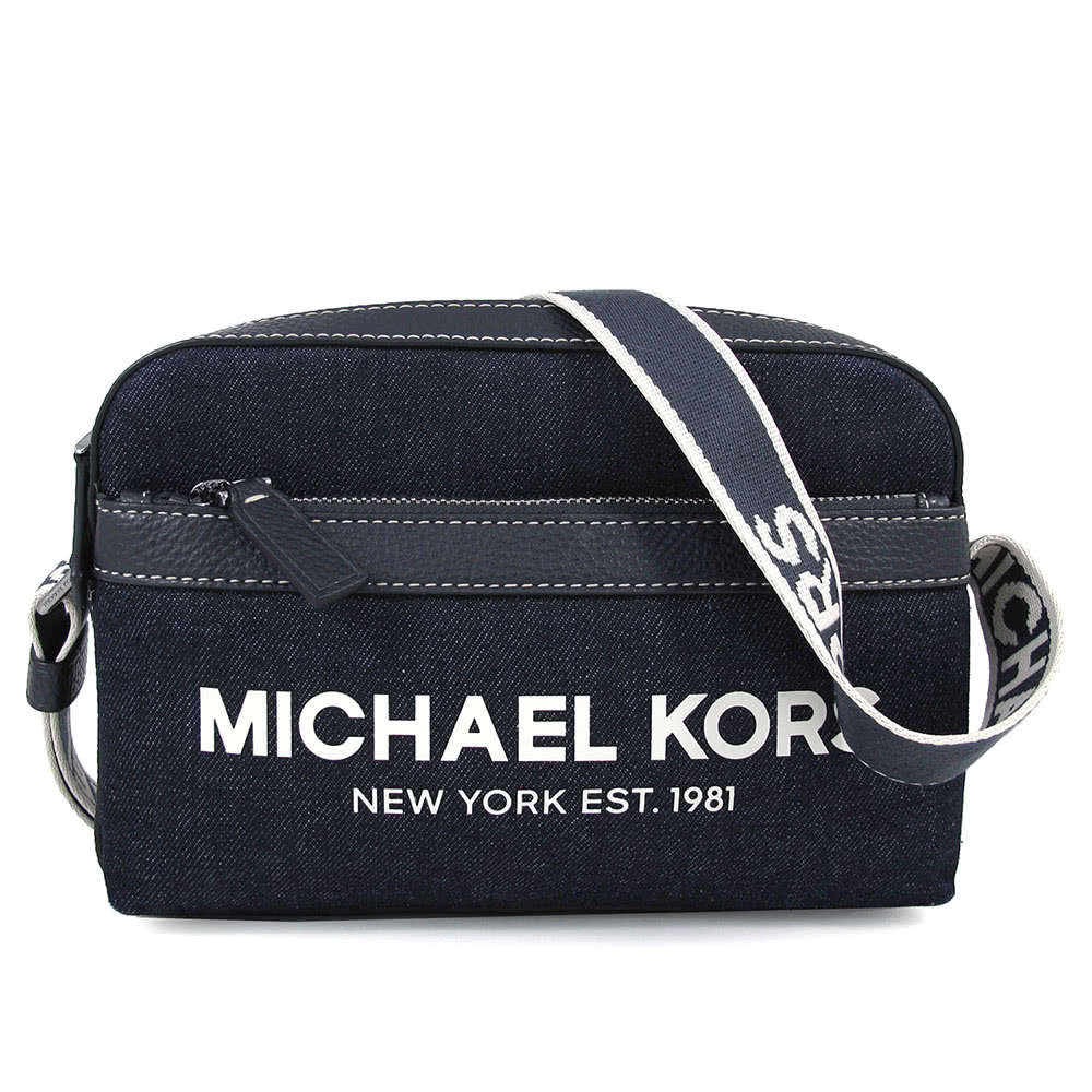 Michael Kors 男款 單寧布紋拼接皮革斜背包(深藍