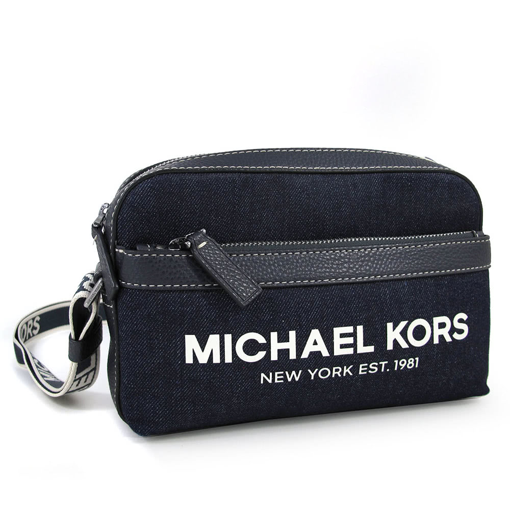 Michael Kors 男款 單寧布紋拼接皮革斜背包(深藍