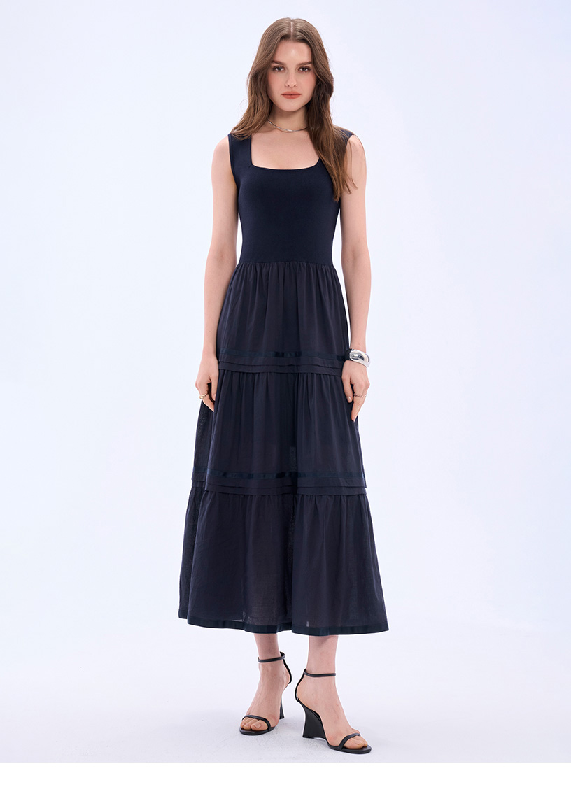 MOMA 海軍藍異材拼接洋裝(深藍色)優惠推薦