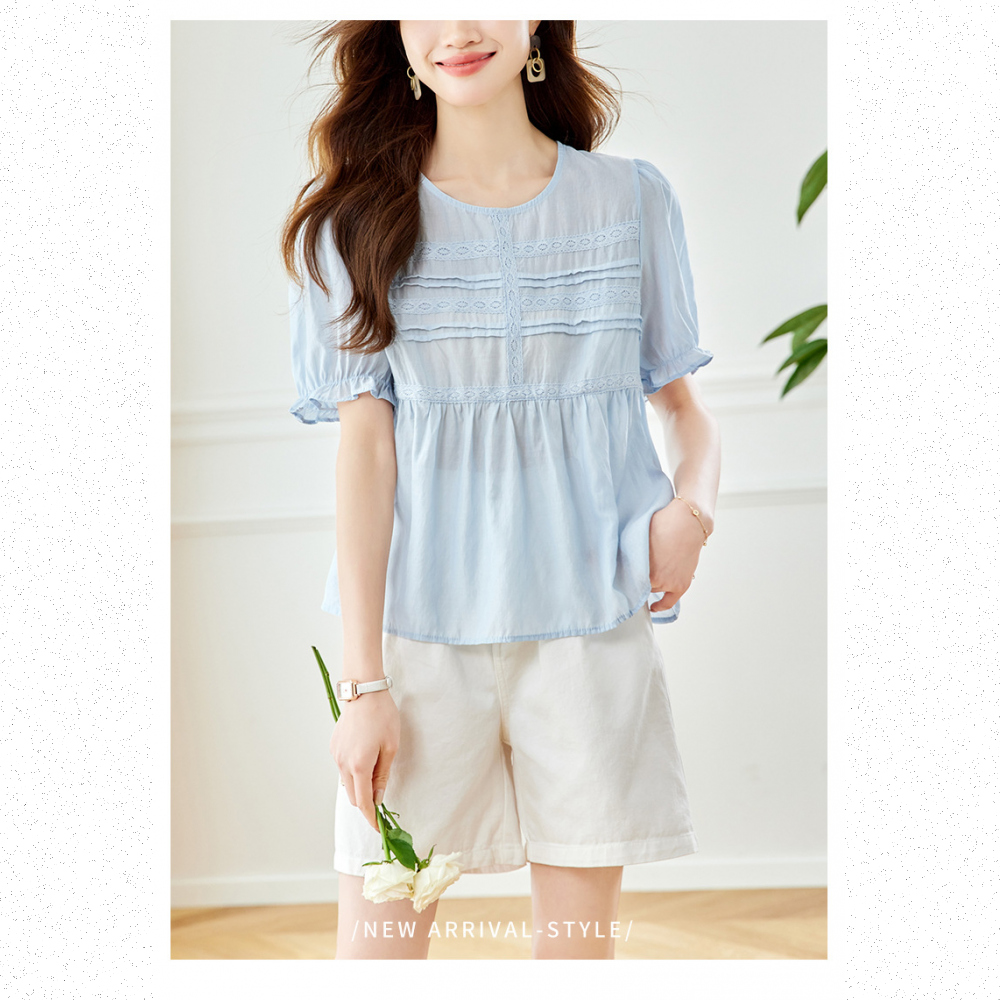 Very Buy 非常勸敗 設計感藍色圓領襯衫女短袖年夏季荷