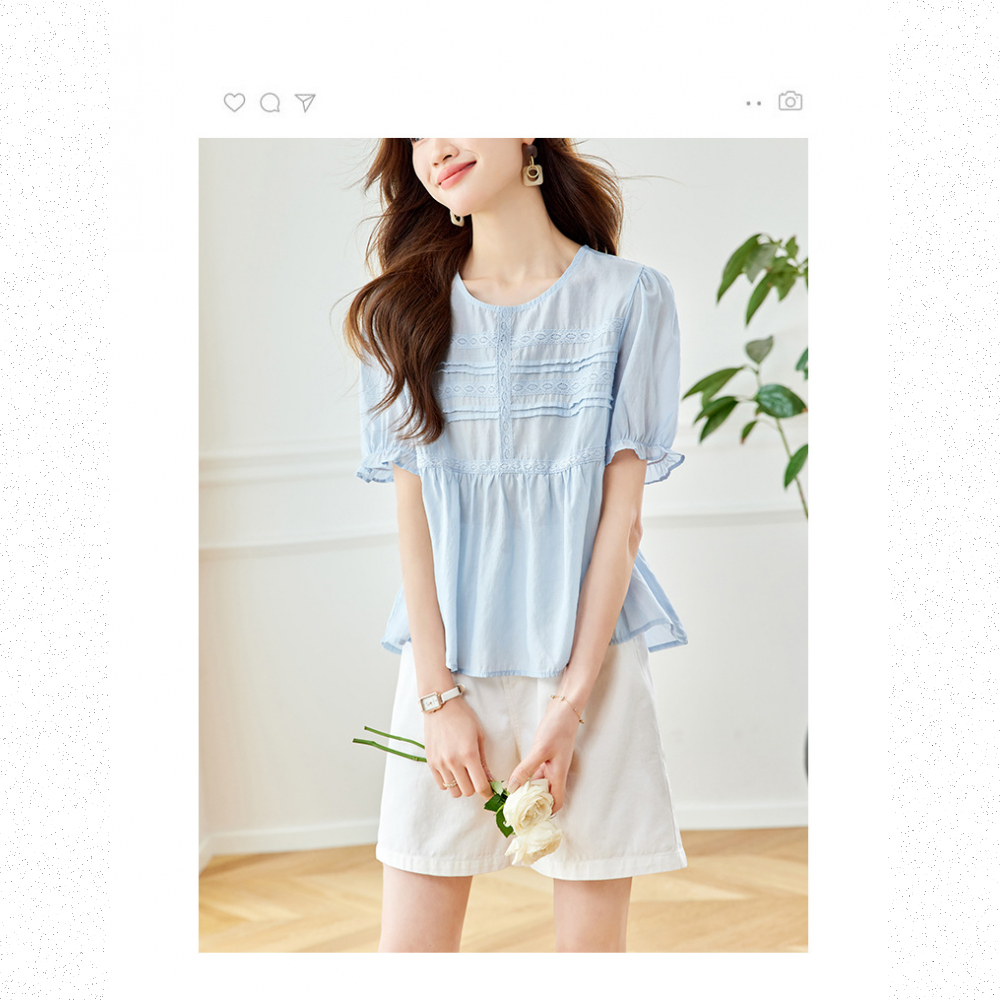 Very Buy 非常勸敗 設計感藍色圓領襯衫女短袖年夏季荷