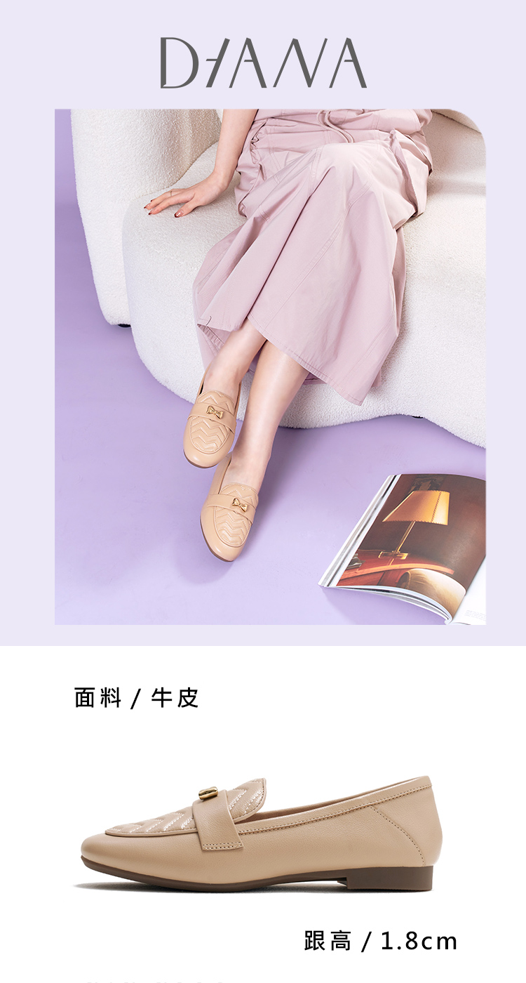 DIANA 牛皮壓紋蝴蝶結釦飾平底樂福鞋(粉色)好評推薦
