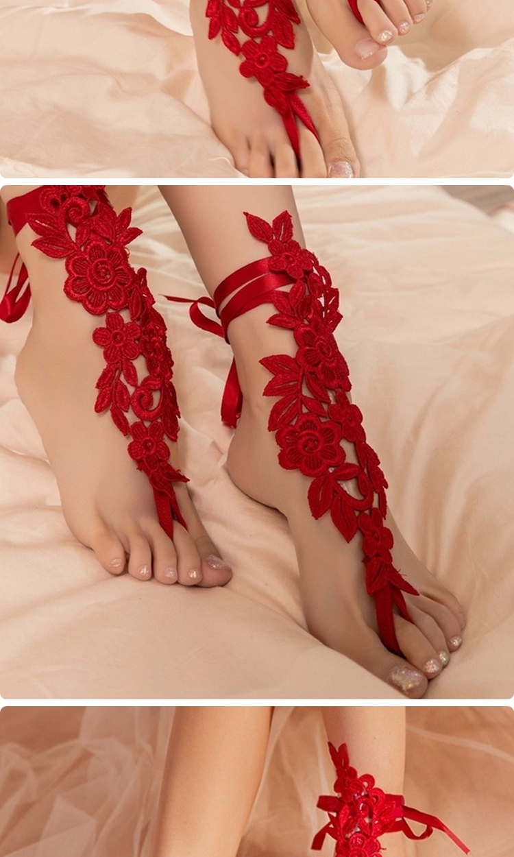 歐香 日系蕾絲裸足涼鞋婚禮刺繡帶趾環美腳襪/足控飾品/角色扮