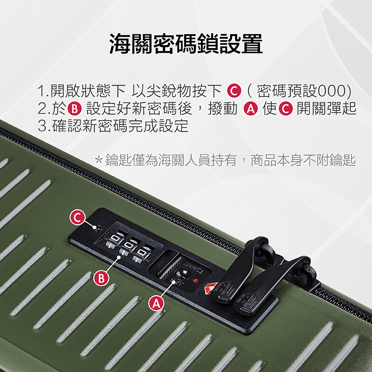 海關密碼鎖設置 1.開啟狀態下 以尖銳物按下密碼預設000 2.於 設定好新密碼後,撥動使開關彈起 3.確認新密碼完成設定 鑰匙僅為海關人員持有,商品本身不附鑰匙