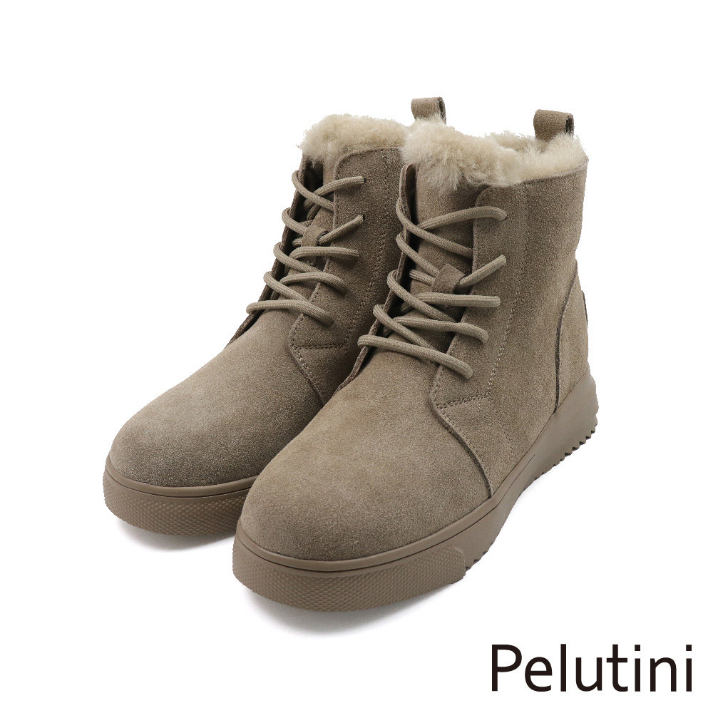 Pelutini 經典麂皮綁帶造型內絨毛保暖靴 卡其色(53