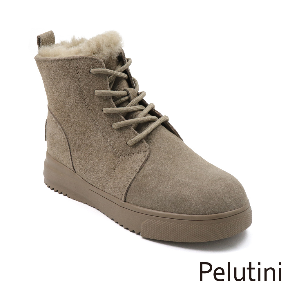 Pelutini 經典麂皮綁帶造型內絨毛保暖靴 卡其色(53