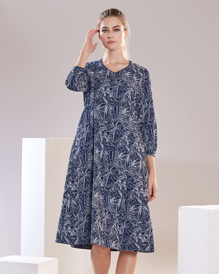 FREE INDIGO棉混紡羊毛口袋緹花洋裝(丈青)好評推薦