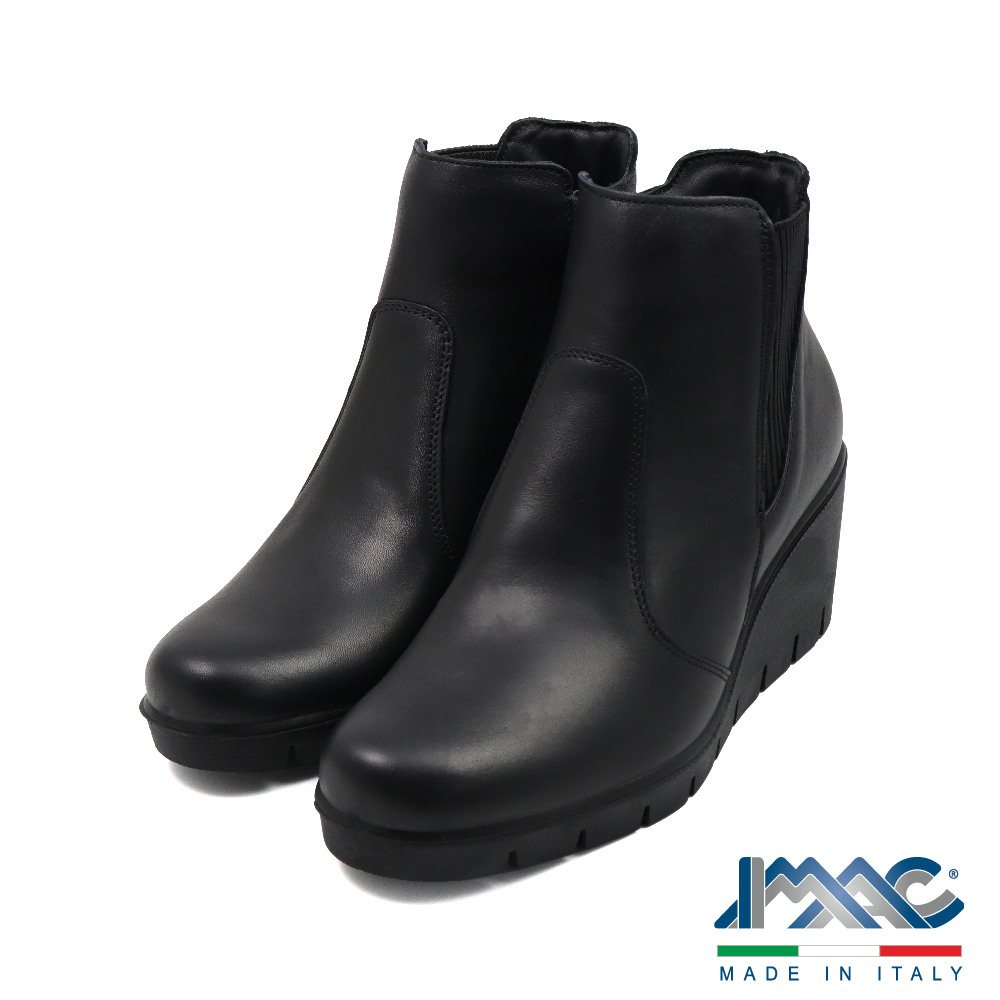 IMAC 義大利原廠真皮針織拼接增高厚底切爾西短靴 黑色(6