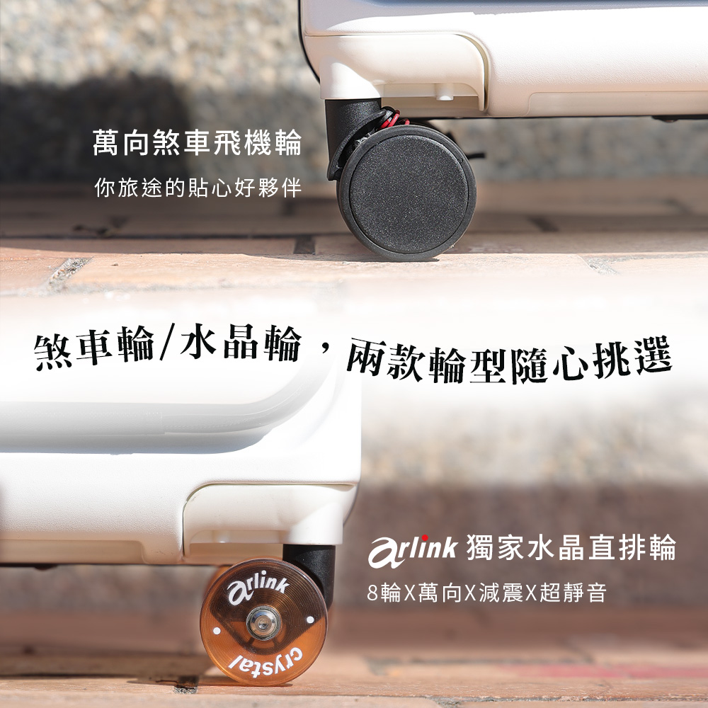 萬向煞車飛機輪 你旅途的貼心好夥伴 煞車輪水晶輪,兩款輪型隨心挑選 arlink 獨家水晶直排輪 8輪X萬向X減震X超靜音 