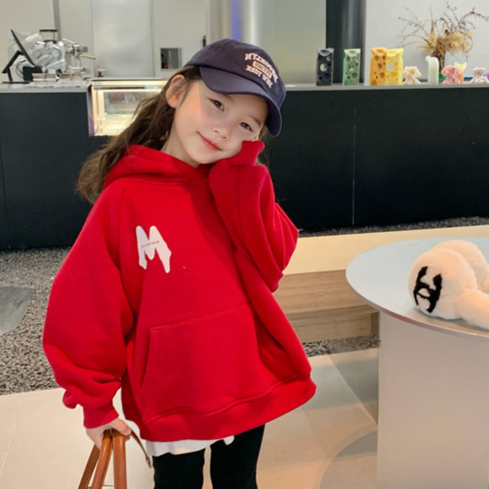 橘魔法 大紅M字前口袋棉絨連帽上衣(長袖上衣 帽T 大紅 過