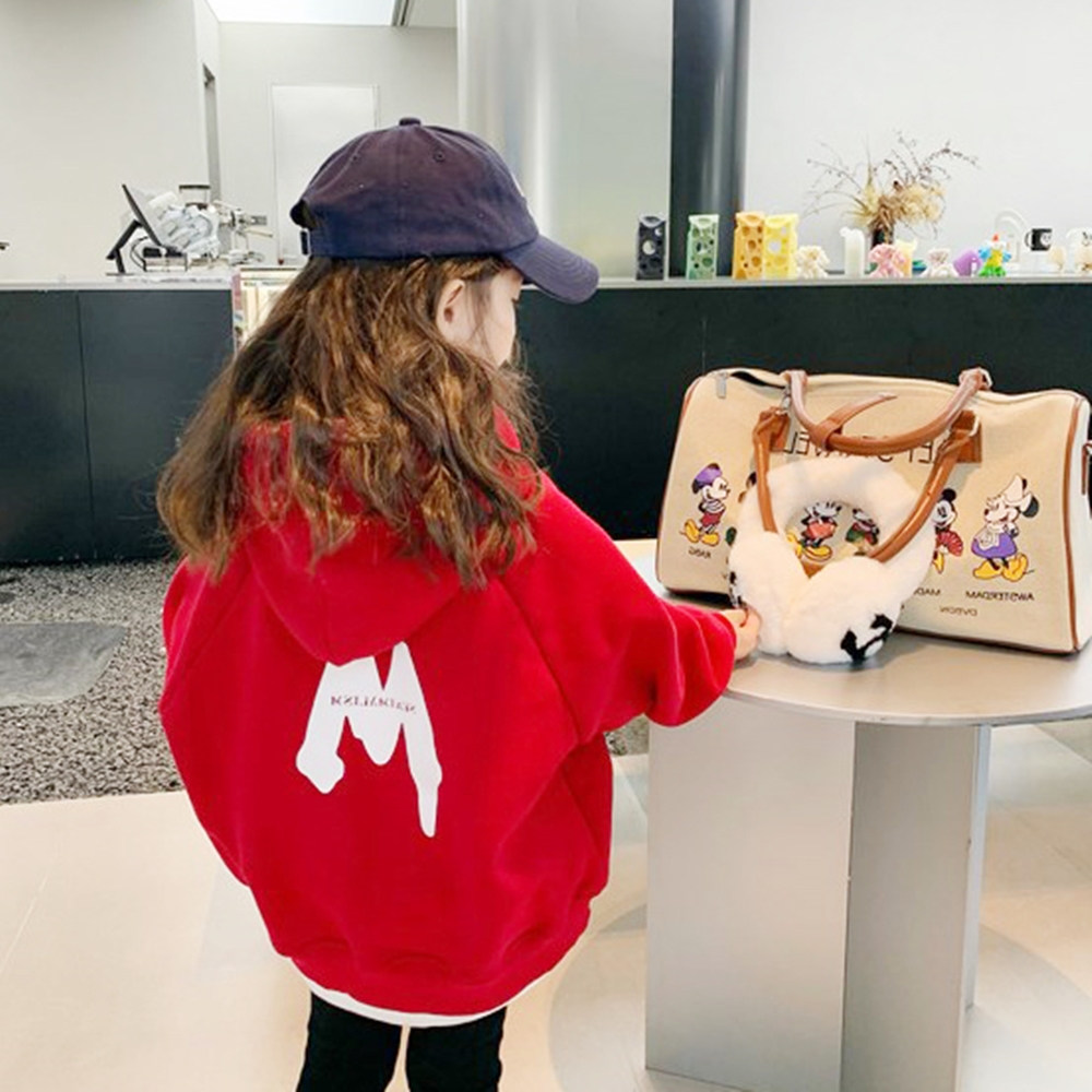 橘魔法 大紅M字前口袋棉絨連帽上衣(長袖上衣 帽T 大紅 過