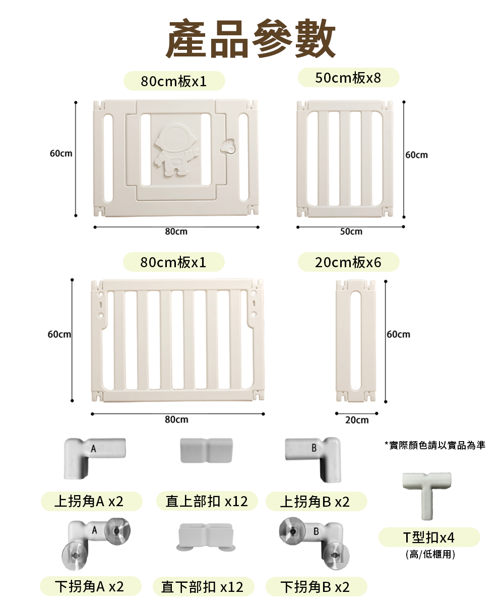 60cm60cmA產品參數80cm板x150cm板x880cm80cm板x180cmB50cm 60cm20cm板x660cm上拐角A x2直上部扣 x12上拐角Bx2AB下拐角A x2直下部扣 x12下拐角B x220cm*實際顏色請以實品為準T型扣x4(高/低櫃用)
