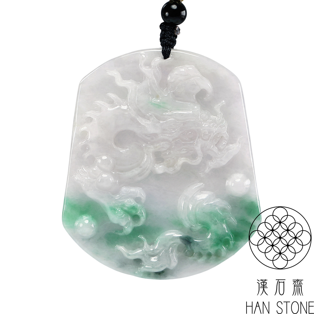 漢石齋 天然翡翠A貨 護主龍牌玉佩吊墜 飄花種帶辣綠(47*
