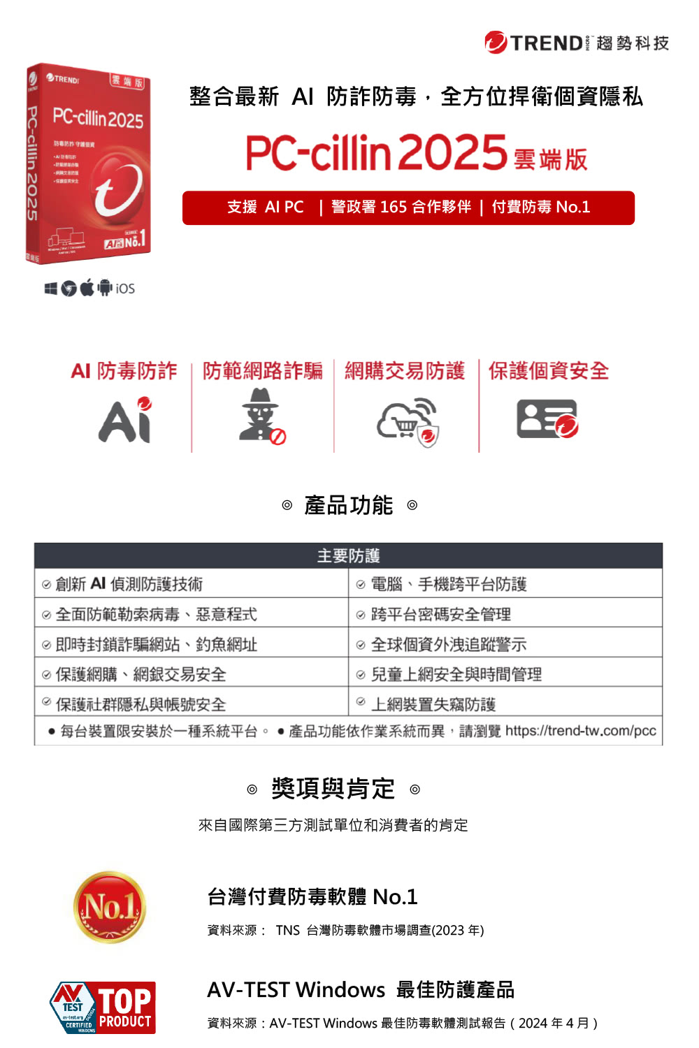 PC-cillin 下載版◆AI防詐特偵組 2年1台防護版優