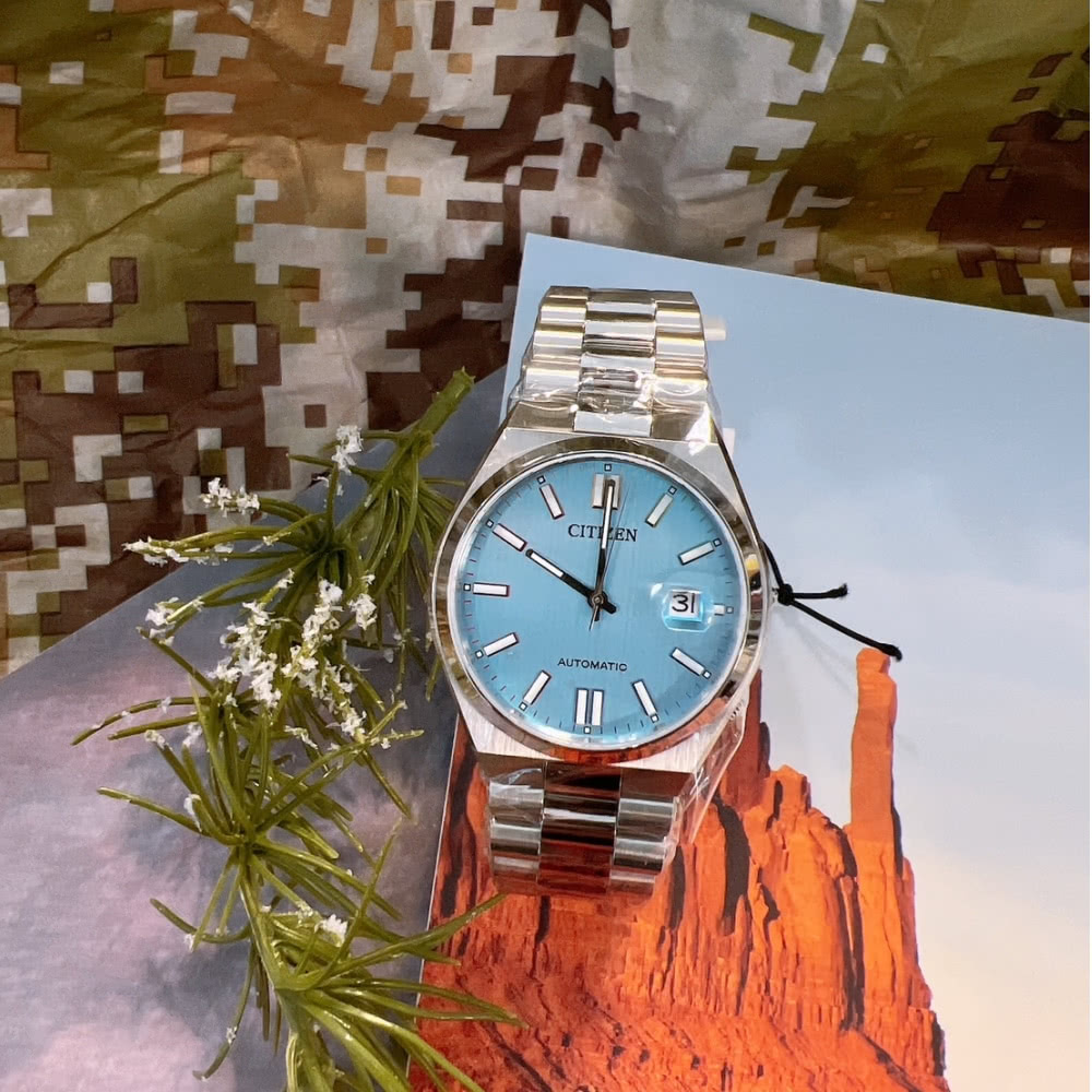 CITIZEN 星辰 時尚撞色-淺藍面自動上鍊機械錶 推薦 