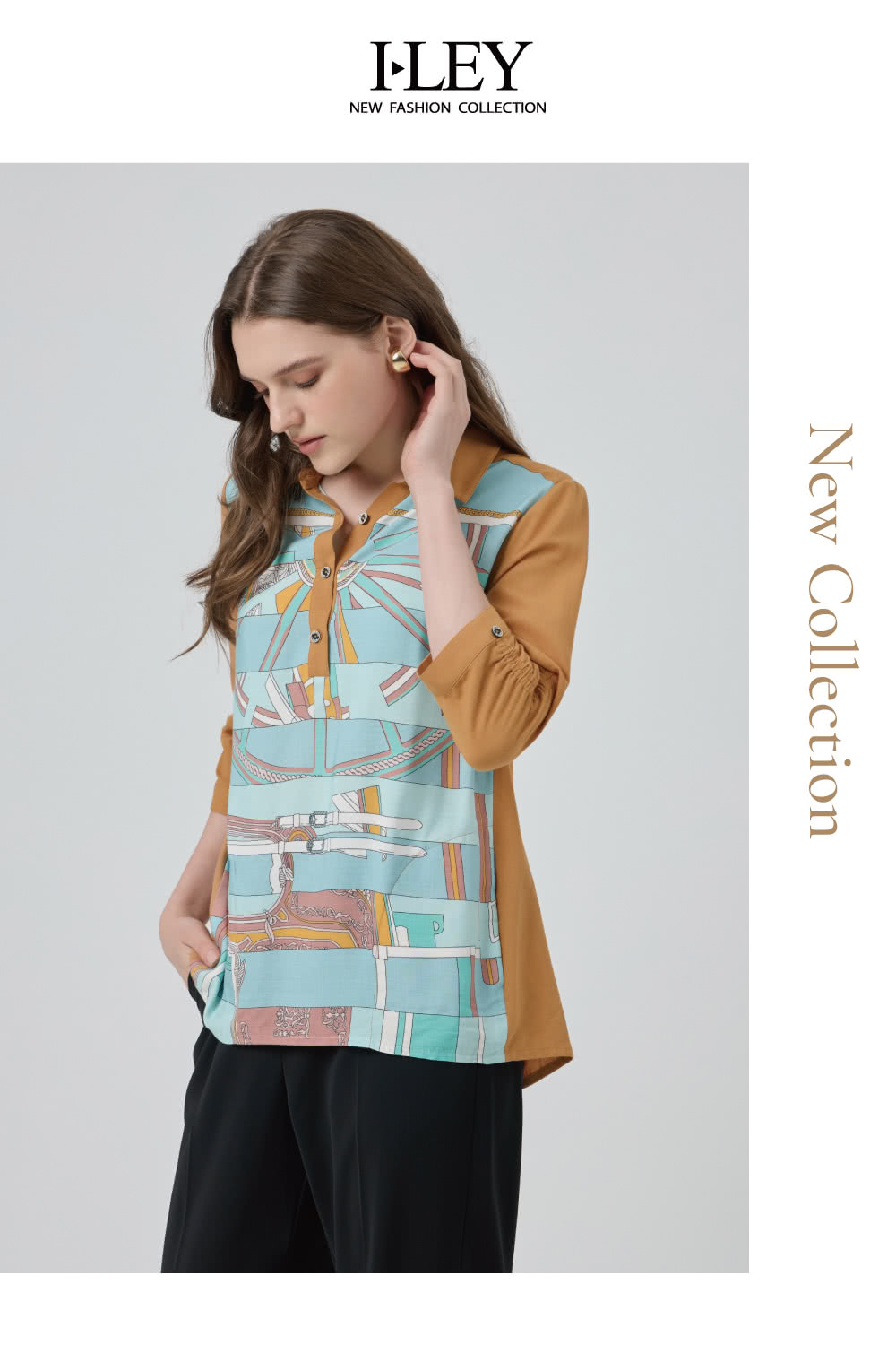 ILEY 伊蕾 絲巾風印花縲縈翻領上衣(卡其；M-2L；12
