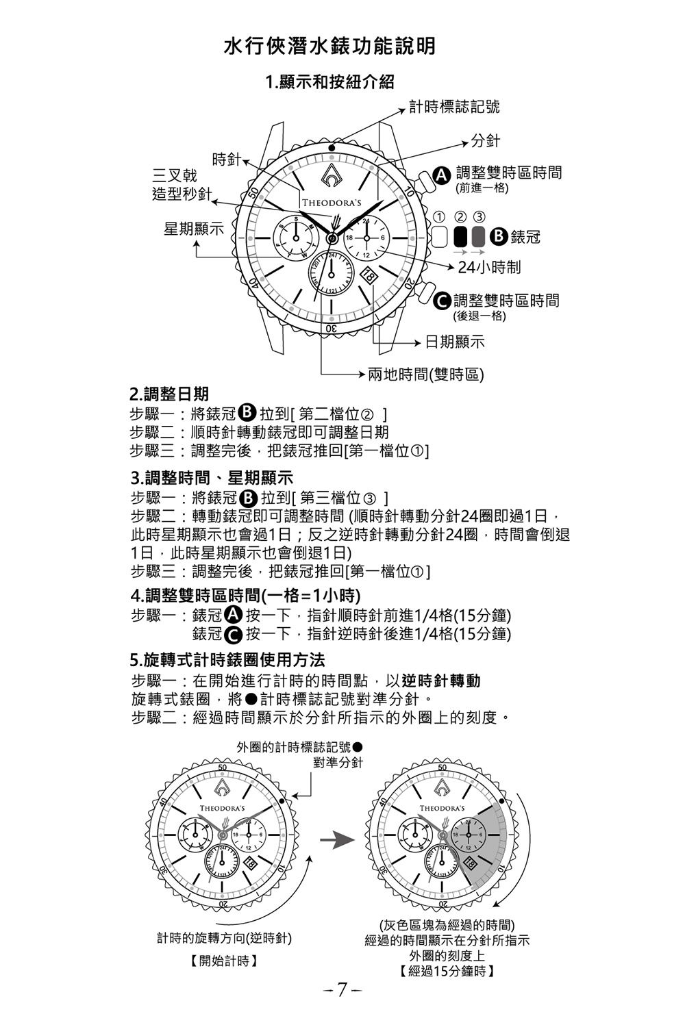 步驟二轉動錶冠即可調整時間 順時針轉動分針24圈即過1日,