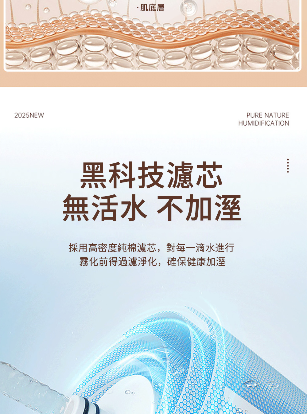肌底層 黑科技濾芯 無活水 不加溼 採用高密度純棉濾芯,對每一滴水進行 霧化前得過濾淨化,確保健康加溼 