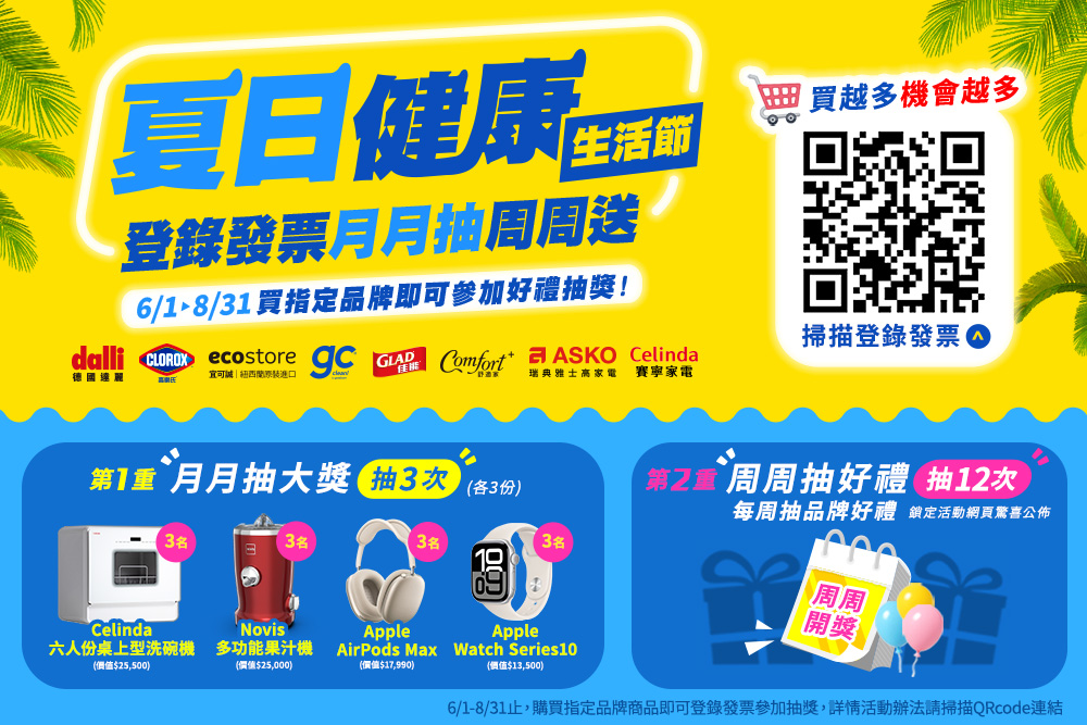 61831止,購買指定品牌商品即可登錄發票參加抽獎,詳情活動辦法請掃描QRcode連結