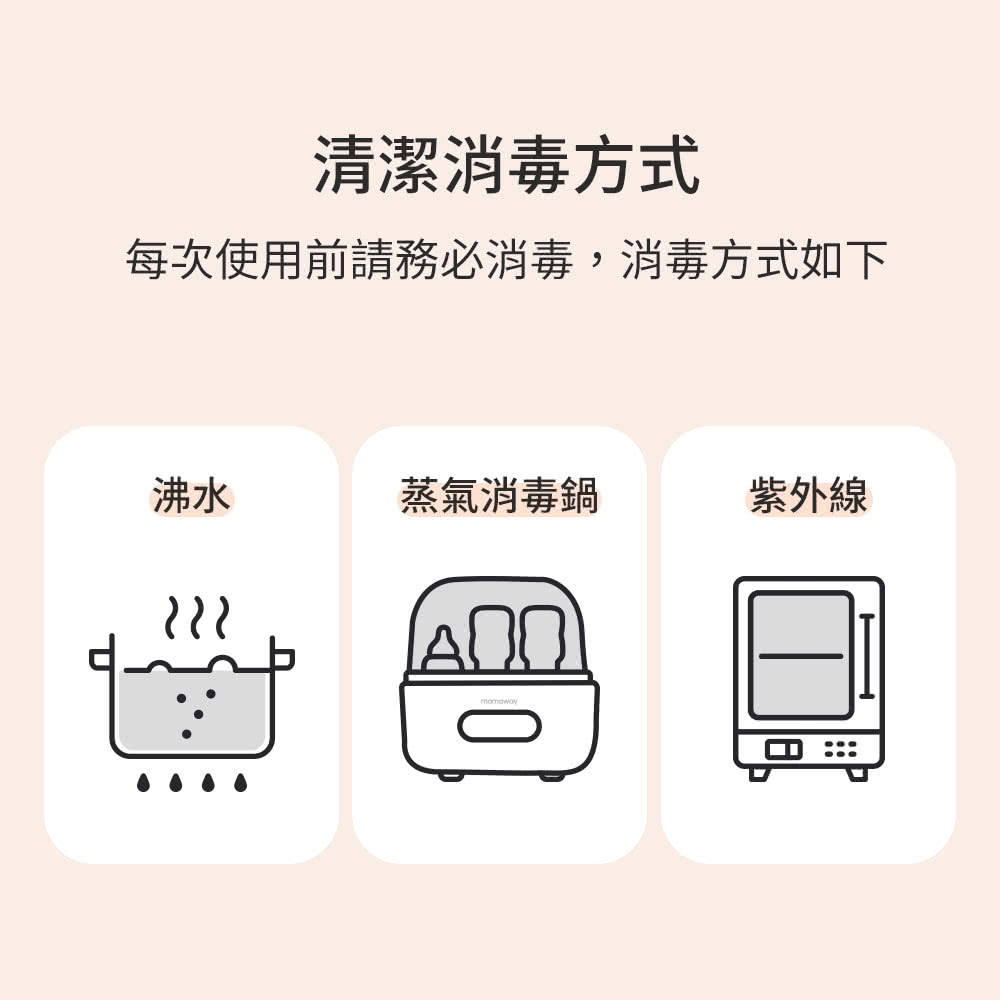 清潔消毒方式 每次使用前請務必消毒,消毒方式如下 沸水 蒸氣消毒鍋 紫外線 