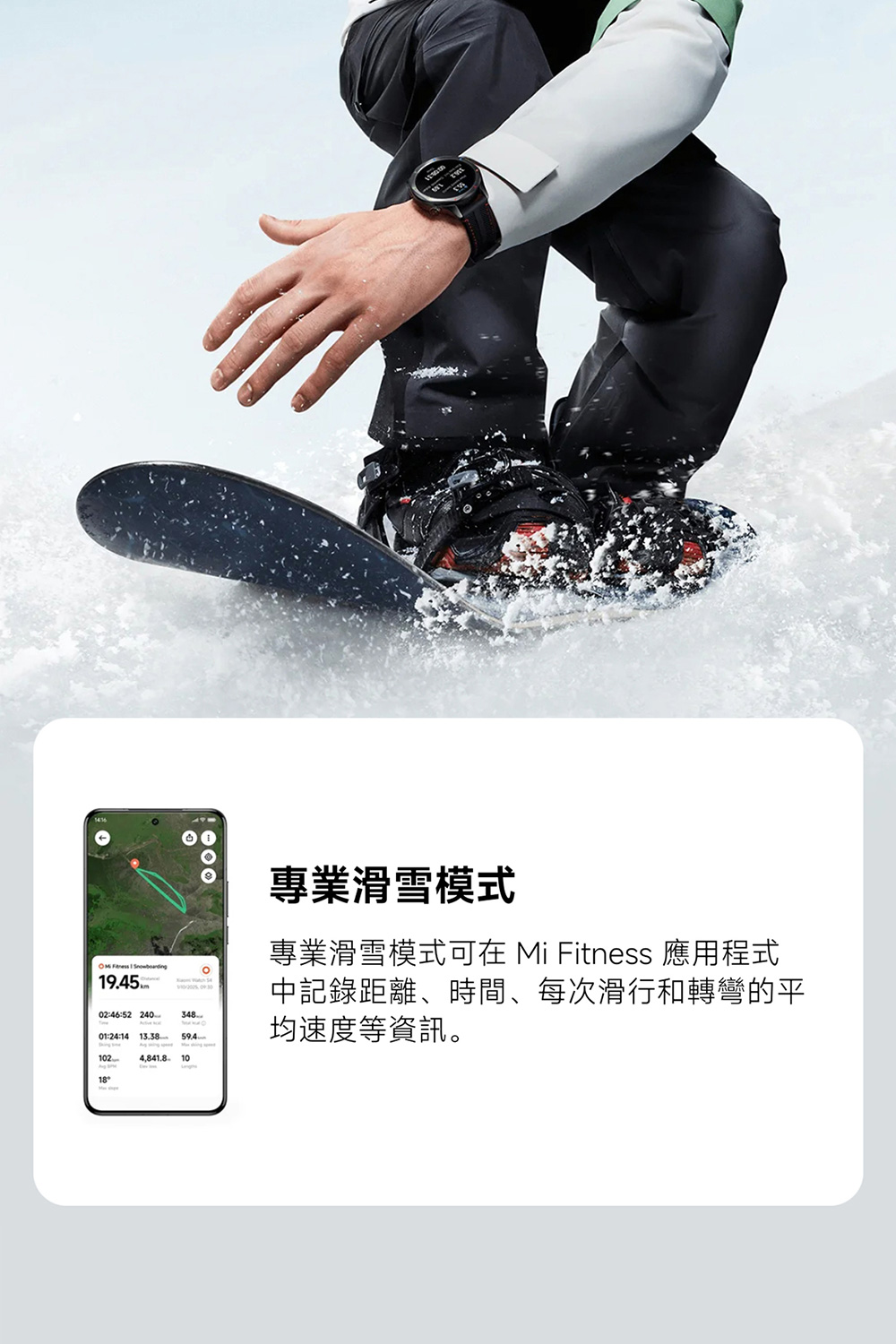 專業滑雪模式 專業滑雪模式可在 Mi Fitness 應用程式 中記錄距離、時間、每次滑行和轉彎的平 均速度等資訊。 