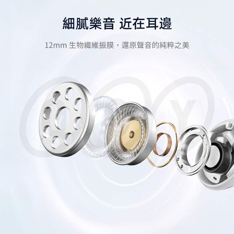 細膩樂音 近在耳邊 12mm 生物纖維振膜,還原聲音的純粹之美 
