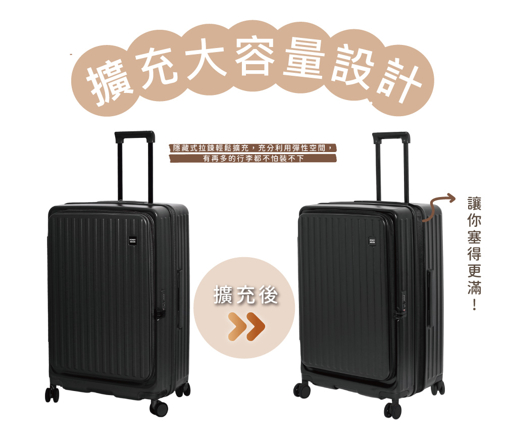 擴充大容量設計 隱藏式拉鍊輕鬆擴充,充分利用彈性空間, 有再多的行李都不怕裝不下 擴充後 讓你塞得更滿 