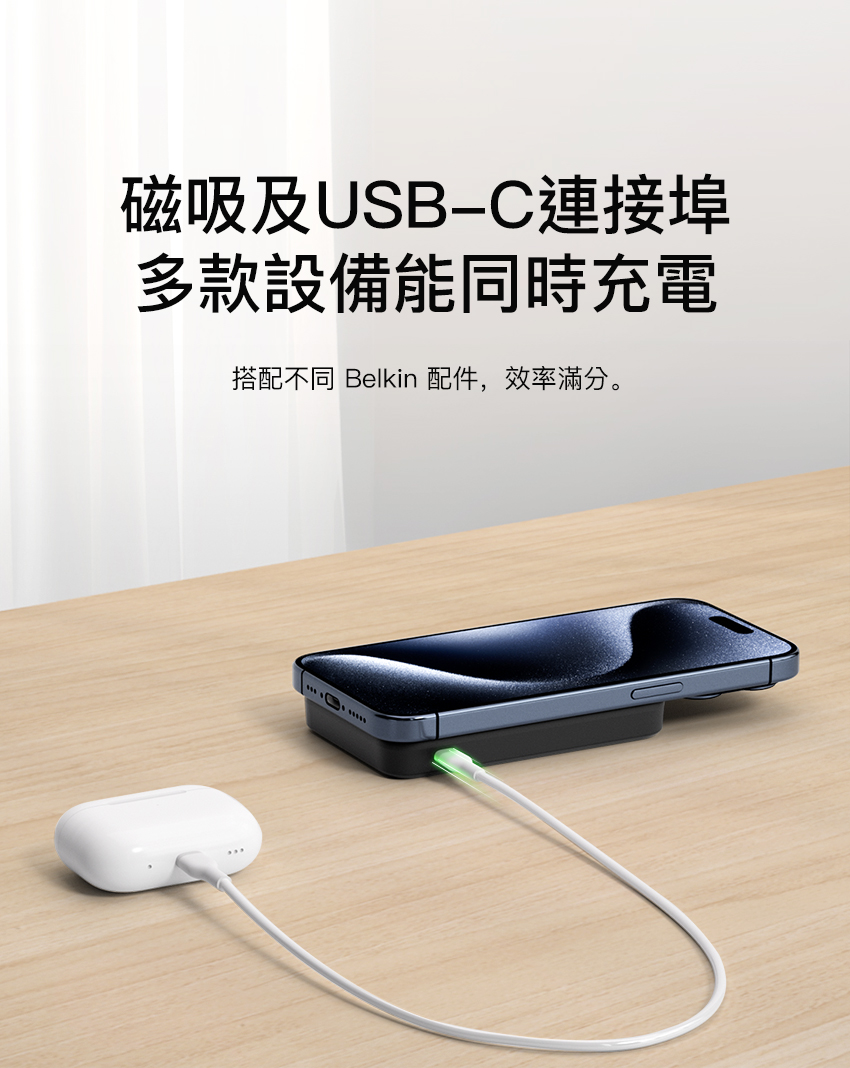 磁吸及USBC連接埠 多款設備能同時充電 搭配不同 Belkin 配件,效率滿分。 