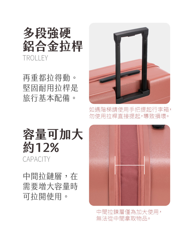 如遇階梯請使用手把提起行李箱,