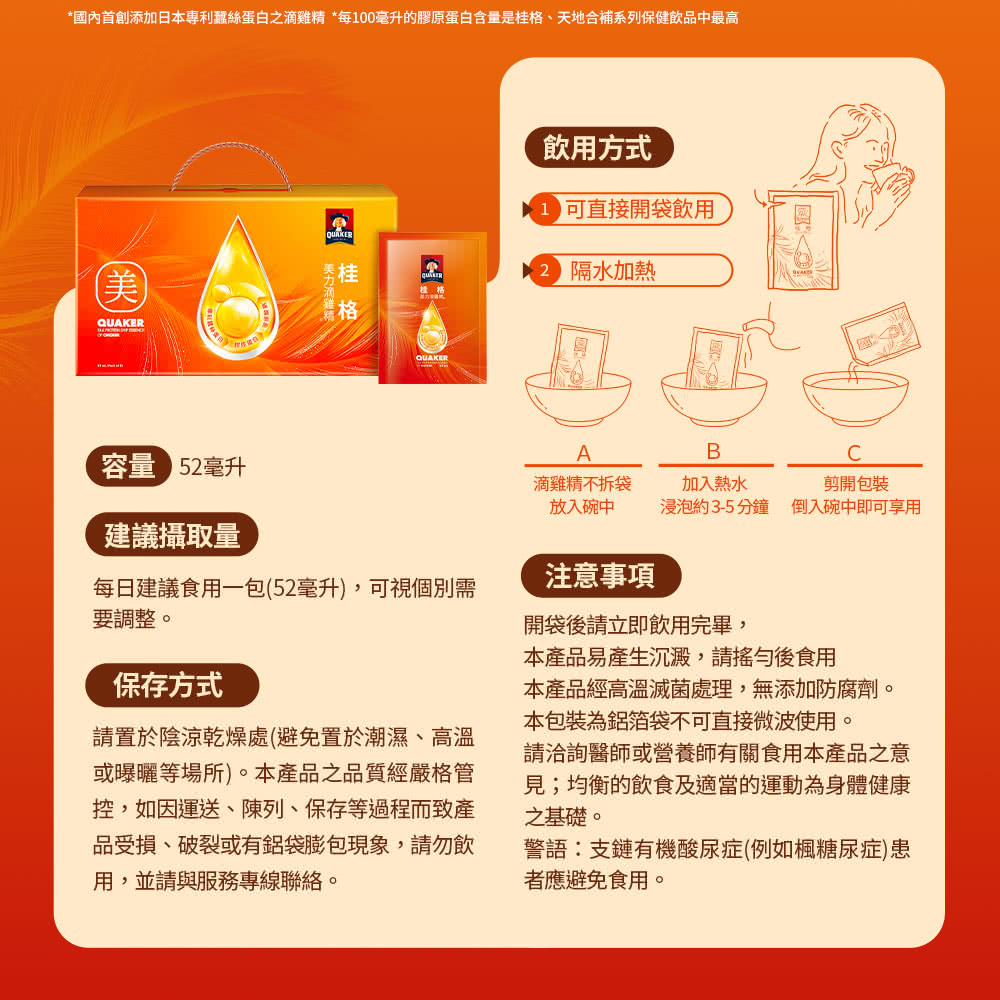 國內首創添加日本專利蠶絲蛋白之滴雞精 每100毫升的膠原蛋白含量是桂格、天地合補系列保健飲品中最高